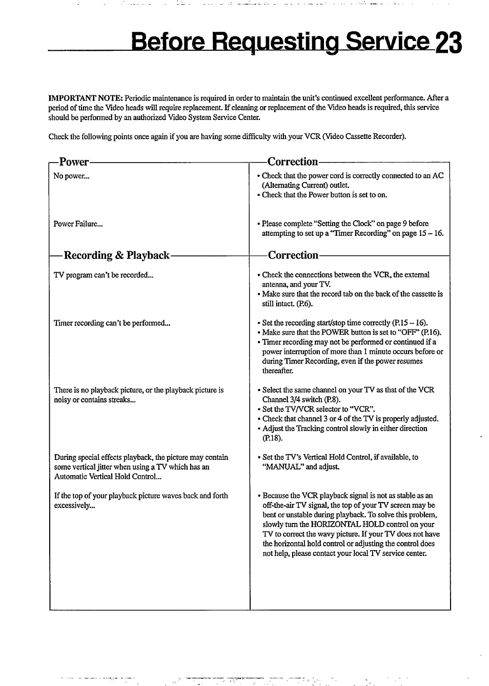 Before requesting service 23, Before requesting ser\dce -24, I—power | Recording & playback, Correction | Philips VR350 User Manual | Page 23 / 29