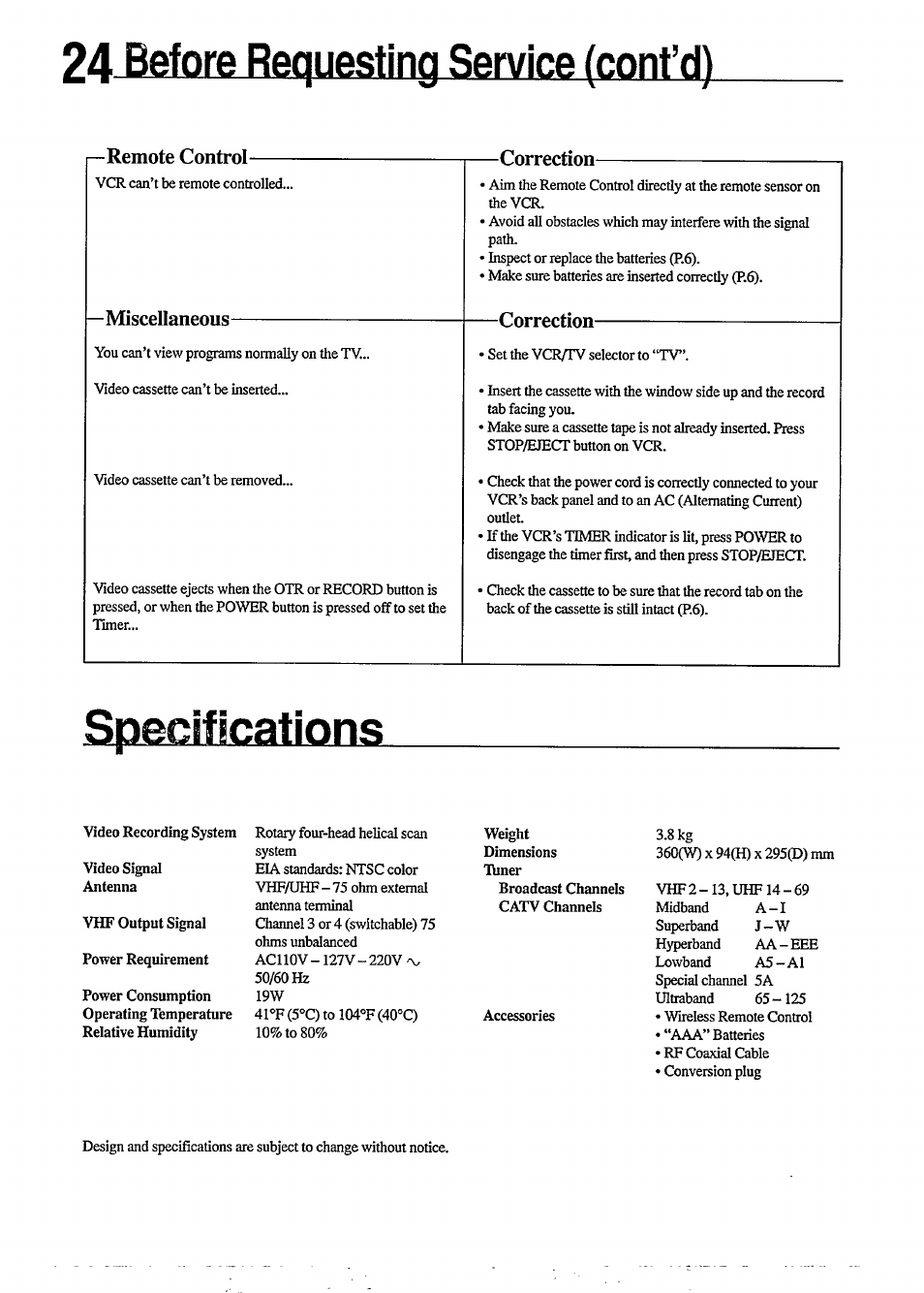 24 before requesting service (cont’d), Specifications, Remote control | Miscellaneous, Correction | Philips VR350 User Manual | Page 24 / 29