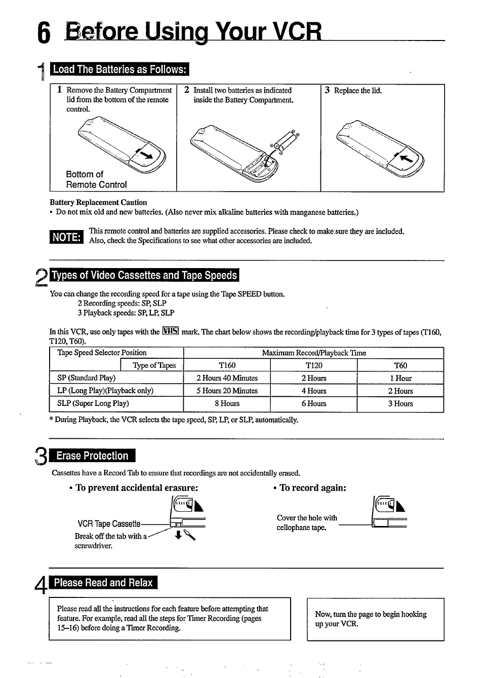 6 before using your vcr, To prevent accidental erasure: • to record again, Before using your vcr | Philips VR350 User Manual | Page 6 / 29
