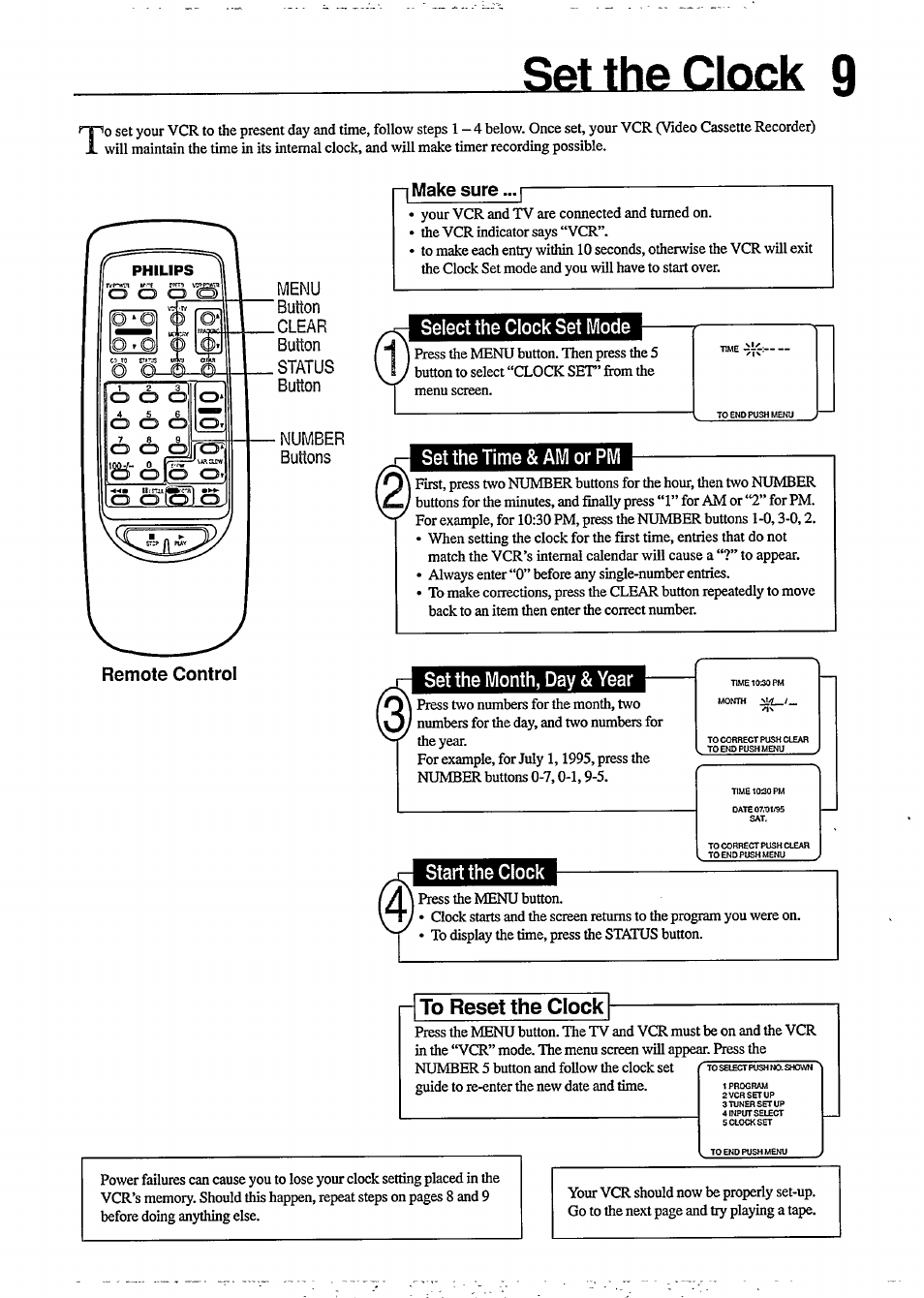 Set the clock 9, Menu, Button | Clear, Status, Number, Buttons, Set the clock, R to reset the clock, Make sure | Philips VR350 User Manual | Page 9 / 29
