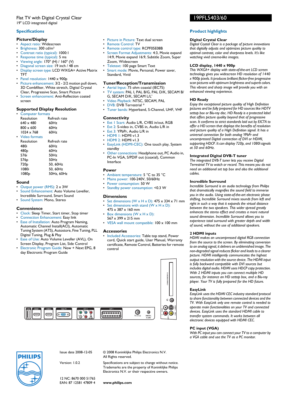 Philips 19PFL5403 User Manual | Page 2 / 2