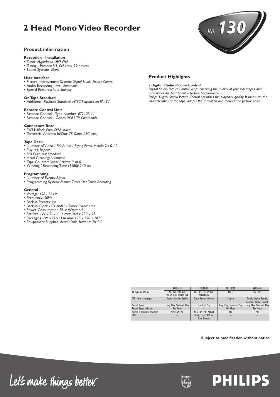 2 head mono video recorder | Philips VR1307 User Manual | Page 2 / 2