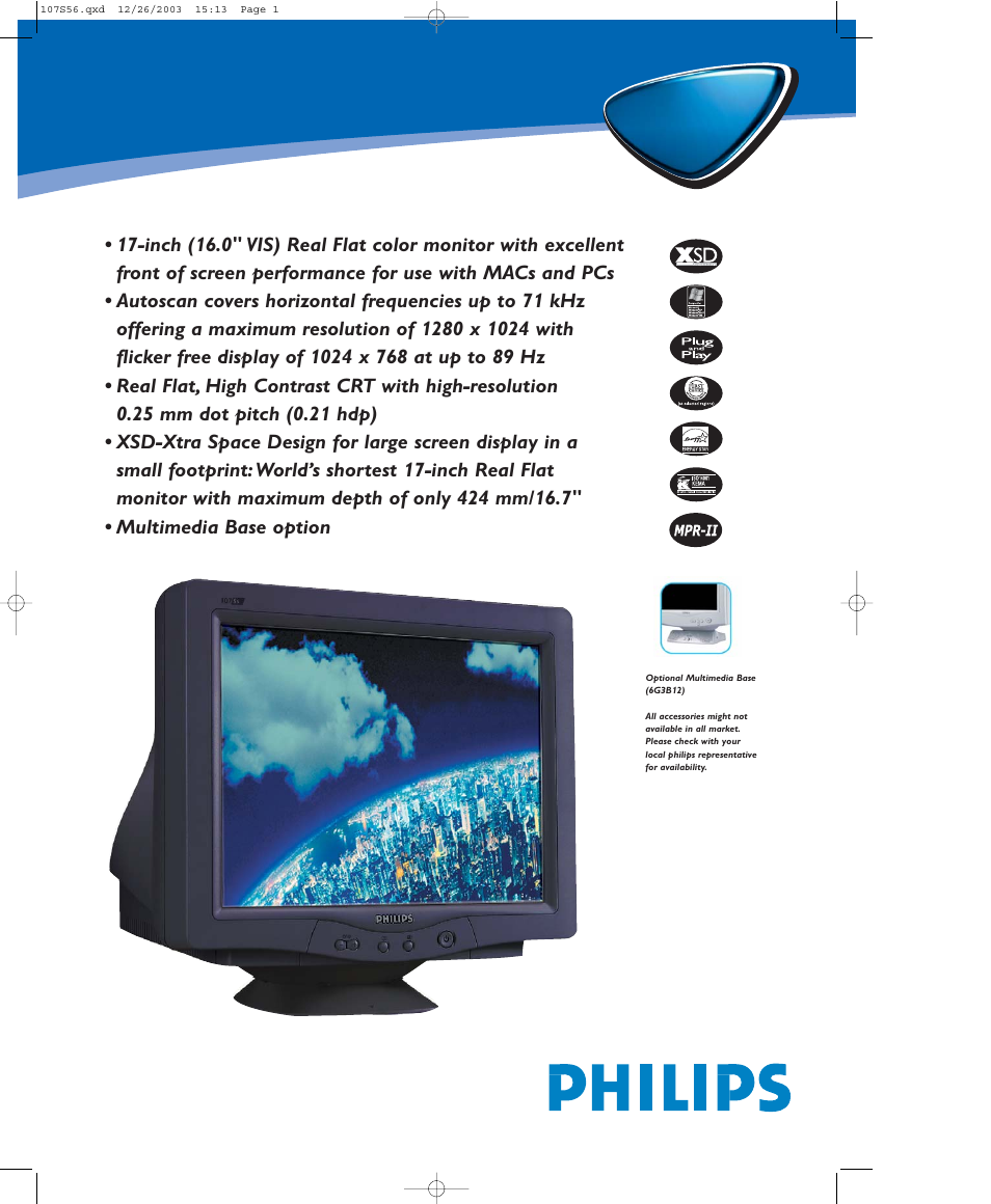 Philips 17" (16.0" VIS) Real Flat Monitor 107S56 User Manual | 2 pages