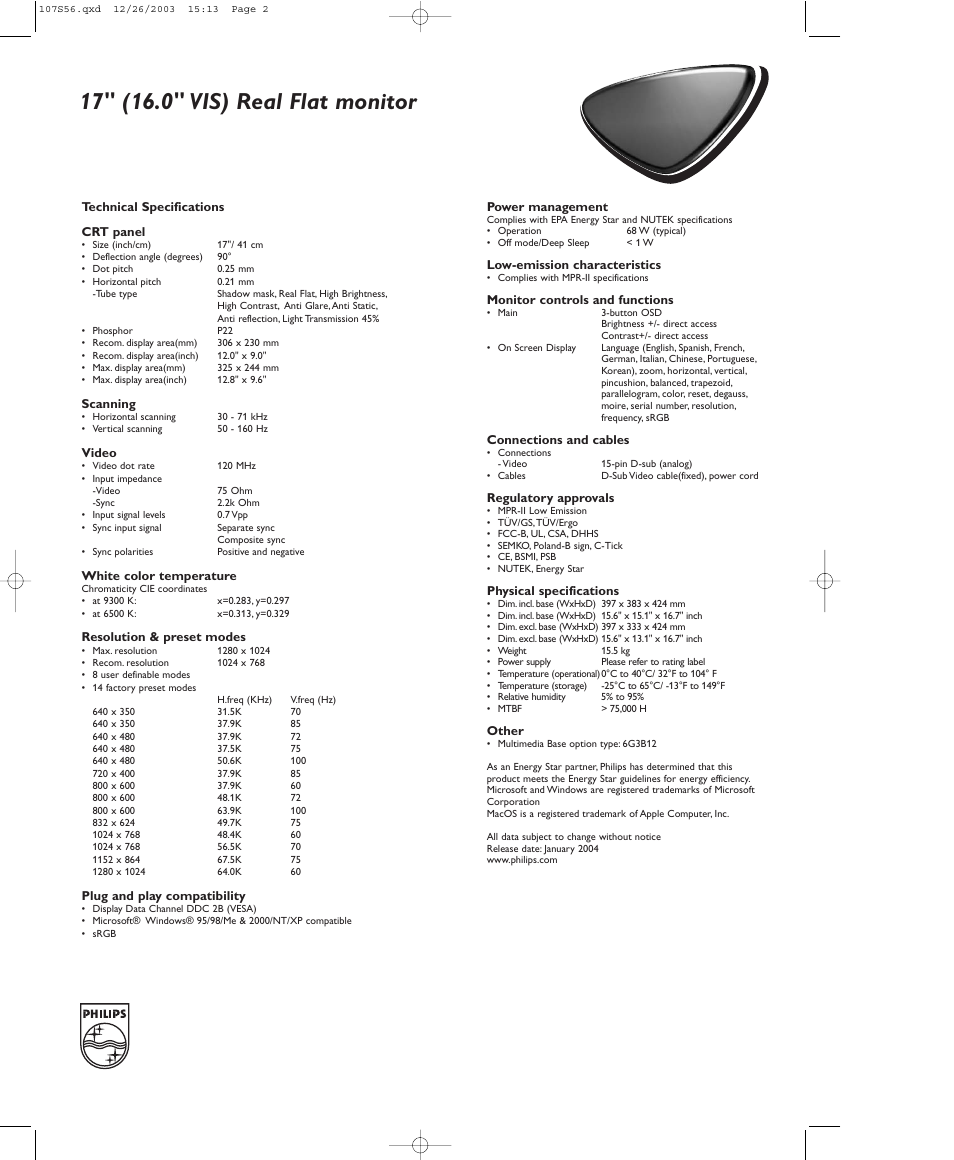 107s | Philips 17" (16.0" VIS) Real Flat Monitor 107S56 User Manual | Page 2 / 2