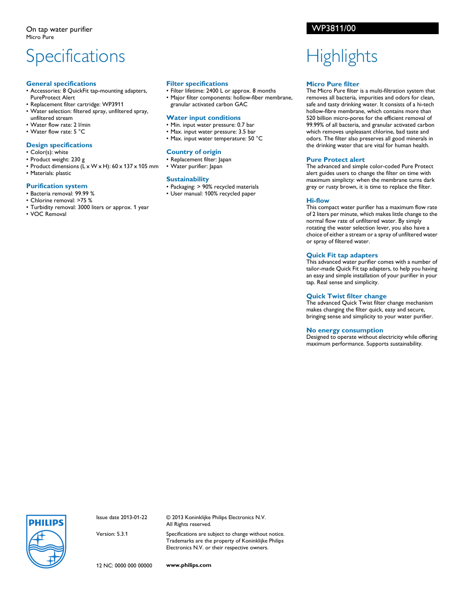 Specifications, Highlights | Philips WP3811 User Manual | Page 2 / 2