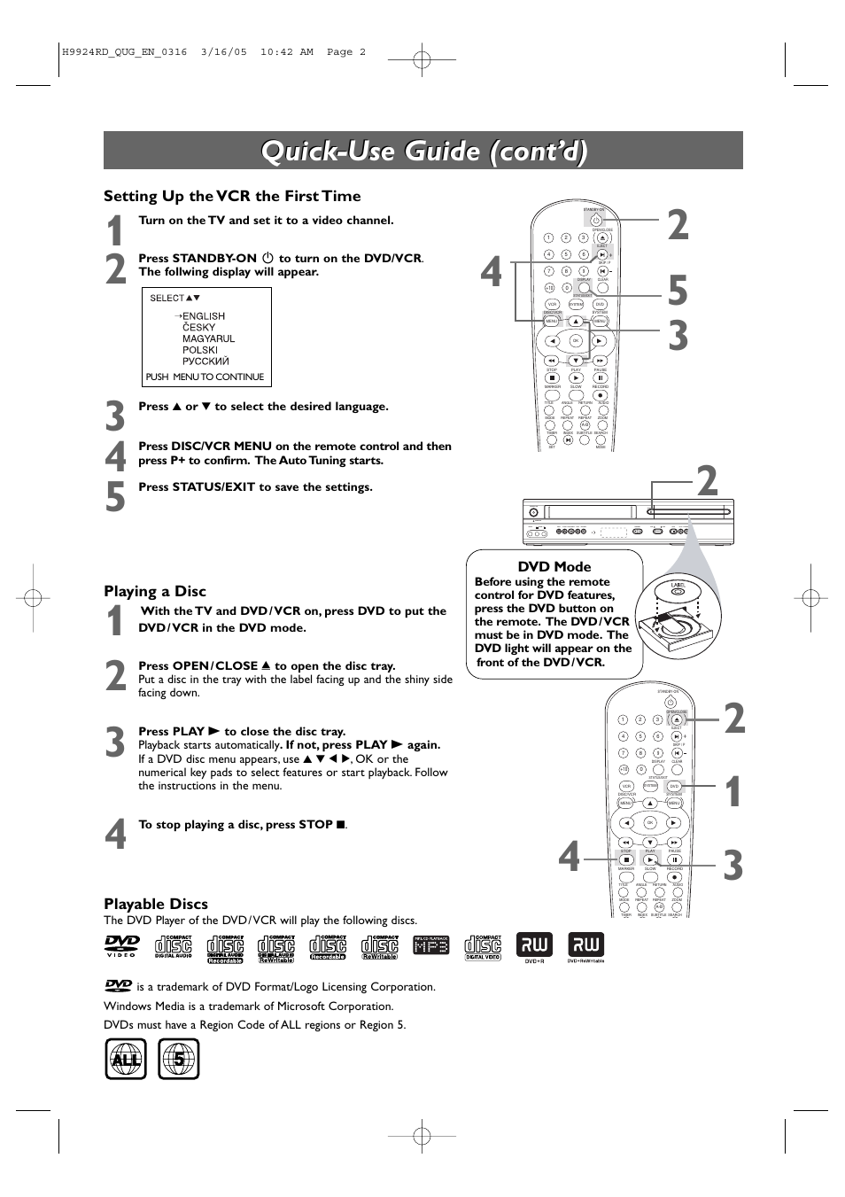 Quick-use guide (cont’d), Playing a disc, Setting up the vcr the first time | Playable discs | Philips 1VMN20587 User Manual | Page 2 / 2