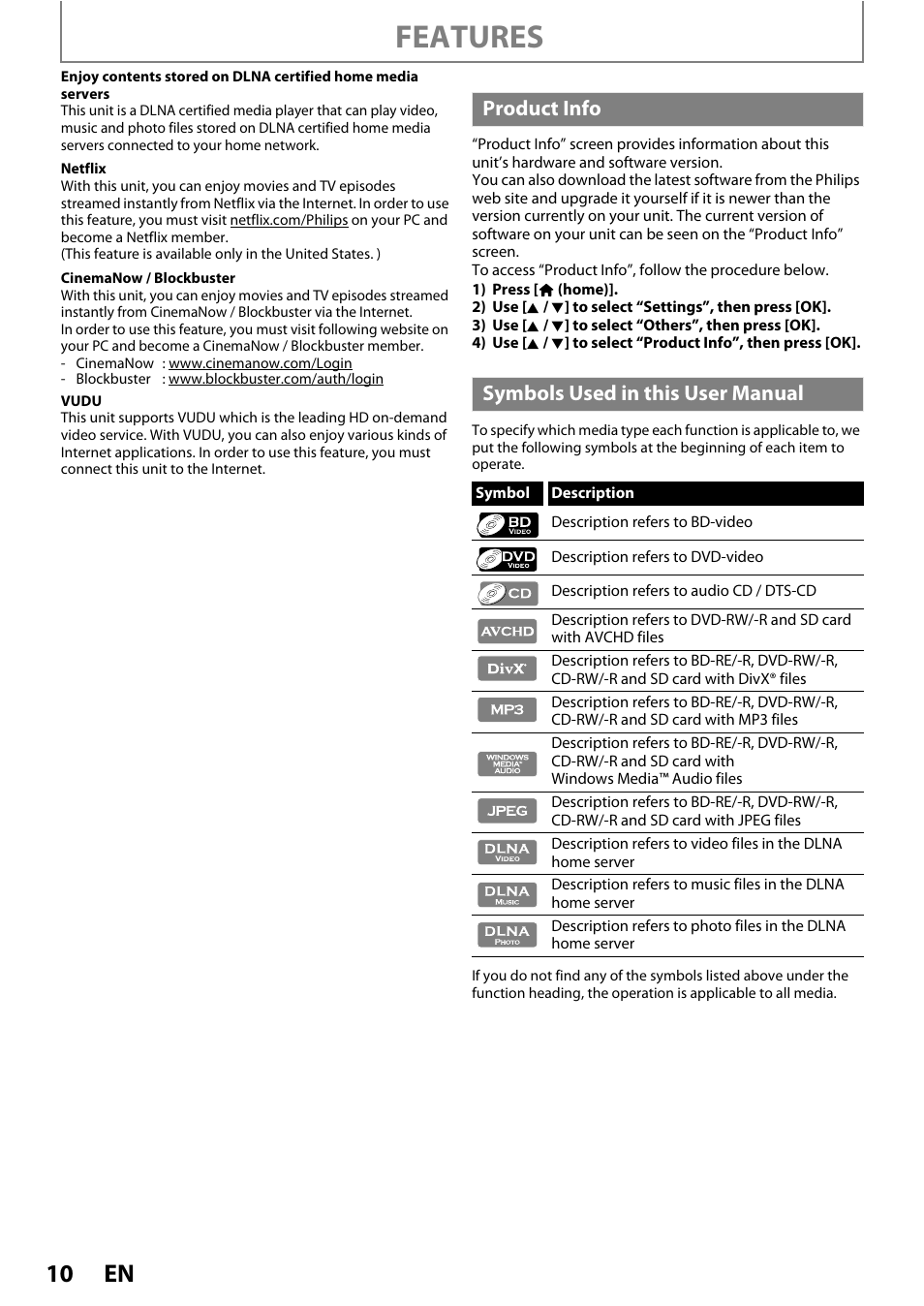 Product info symbols used in this user manual, Features | Philips BDP7520/F7 User Manual | Page 10 / 74