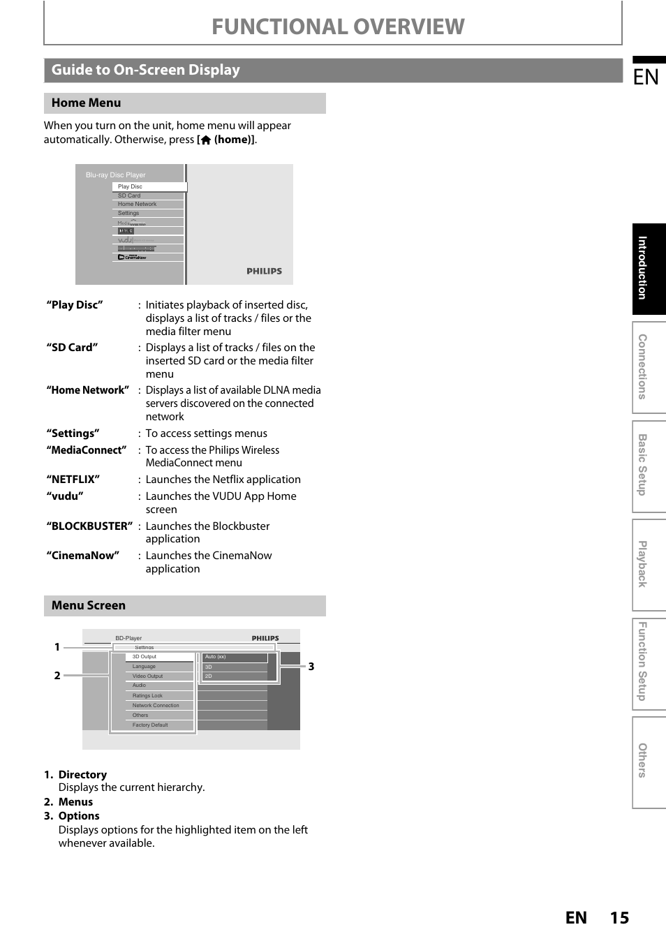 Guide to on-screen display, Functional overview, Home menu | Menu screen | Philips BDP7520/F7 User Manual | Page 15 / 74