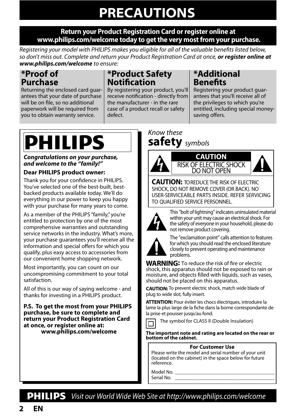 Introduction, Precautions, Safety | Proof of purchase, Product safety notification, Additional benefits, En 2, Know these, Symbols caution, Caution risk of electric shock do not open | Philips BDP7520/F7 User Manual | Page 2 / 74