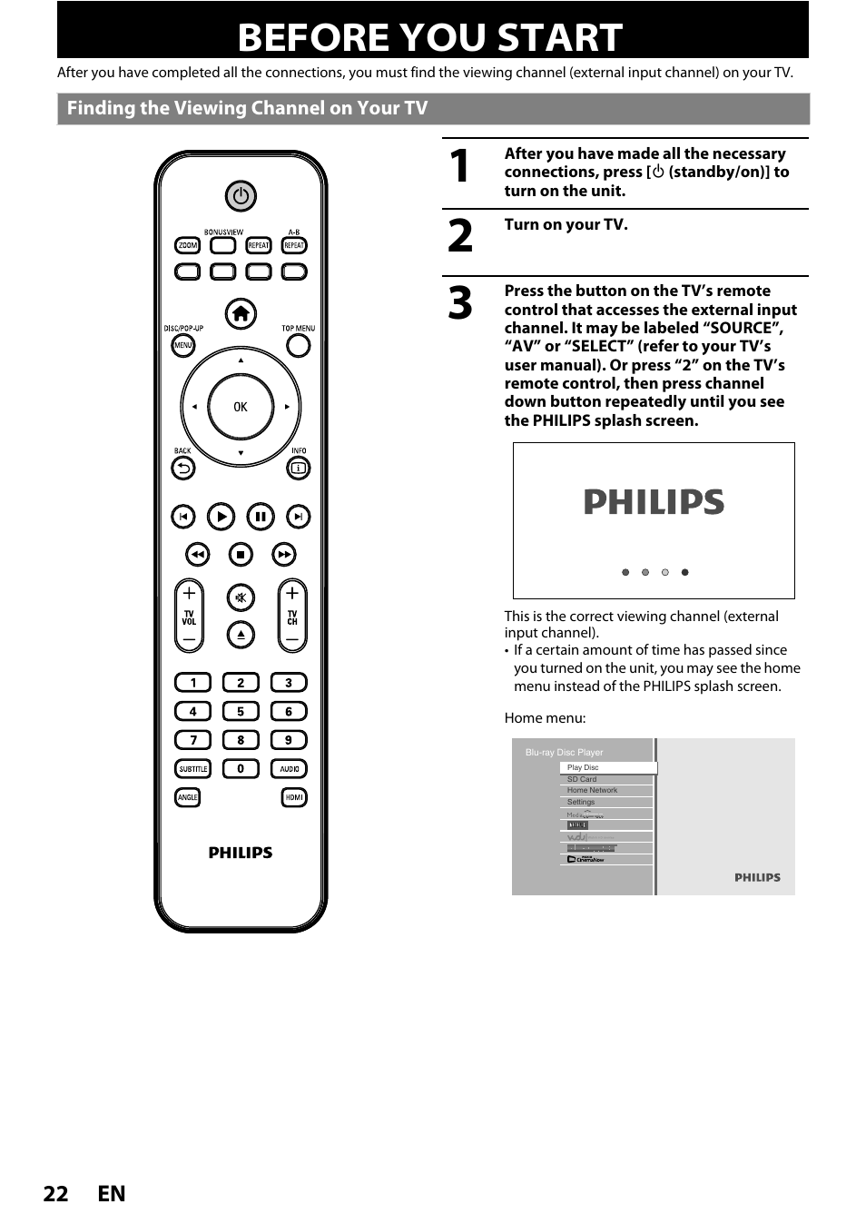 Basic setup, Before you start, Finding the viewing channel on your tv | Philips BDP7520/F7 User Manual | Page 22 / 74