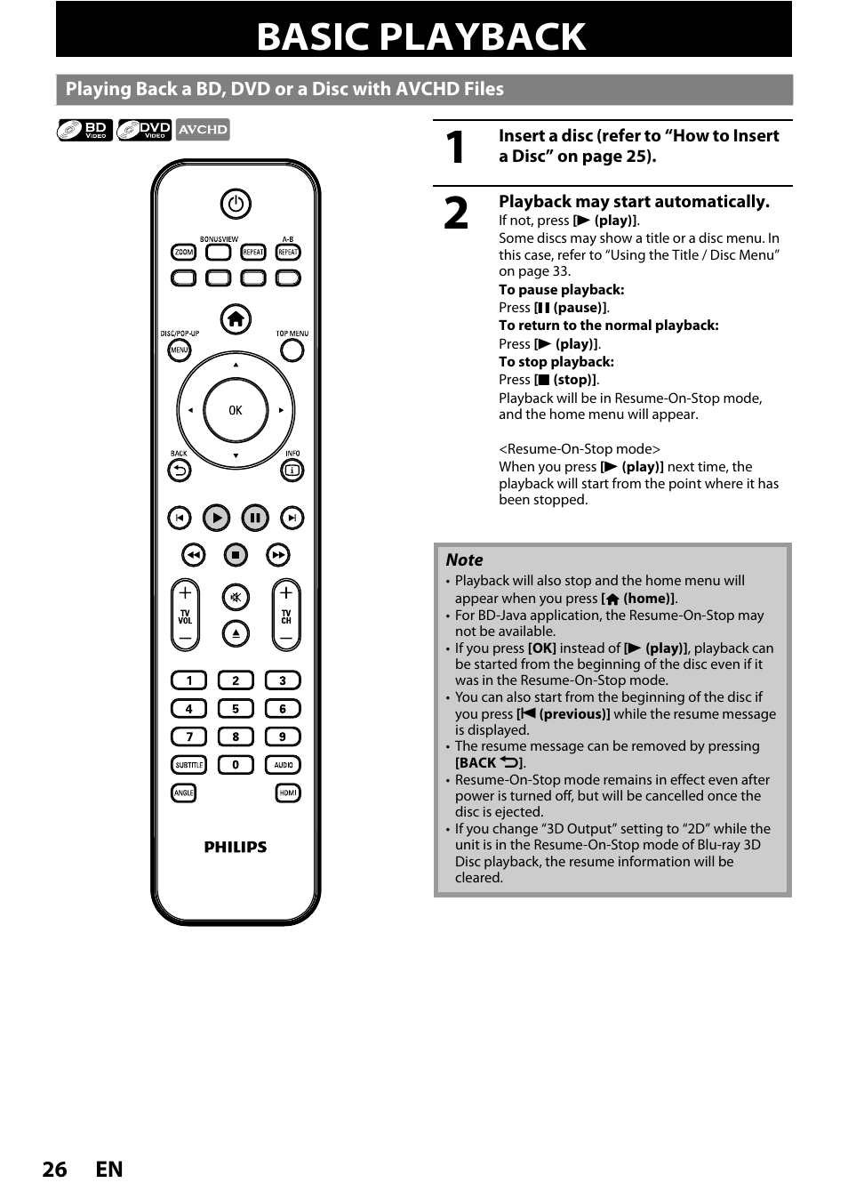 Basic playback, Playing back a bd, dvd or a disc with avchd files, En 26 | Philips BDP7520/F7 User Manual | Page 26 / 74