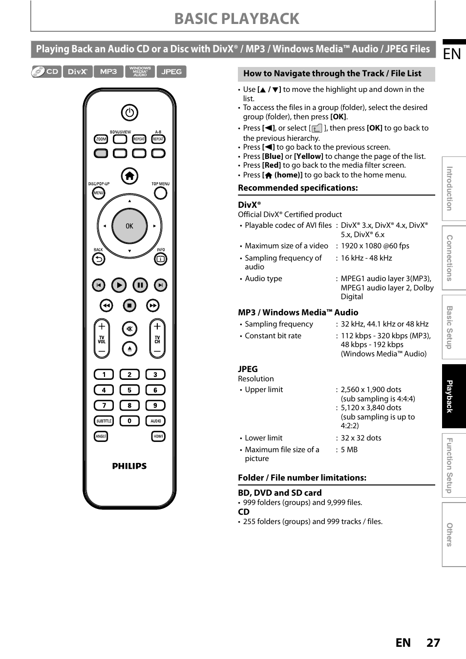 Playing back an audio cd or a disc with divx, Basic playback | Philips BDP7520/F7 User Manual | Page 27 / 74