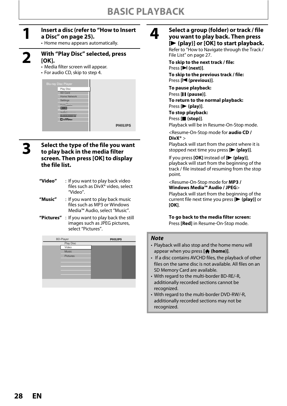 Basic playback | Philips BDP7520/F7 User Manual | Page 28 / 74