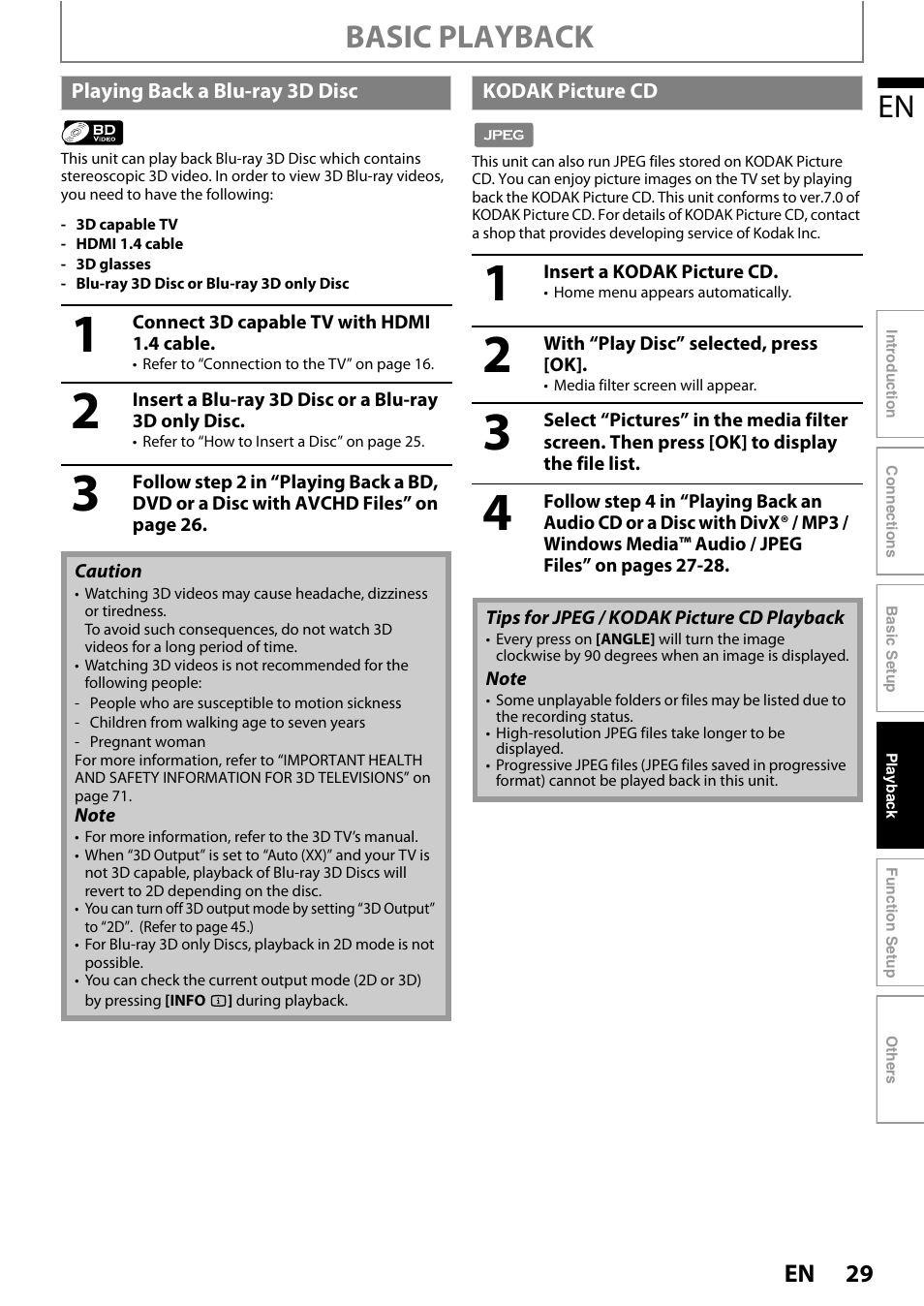 Playing back a blu-ray 3d disc kodak picture cd, Basic playback | Philips BDP7520/F7 User Manual | Page 29 / 74