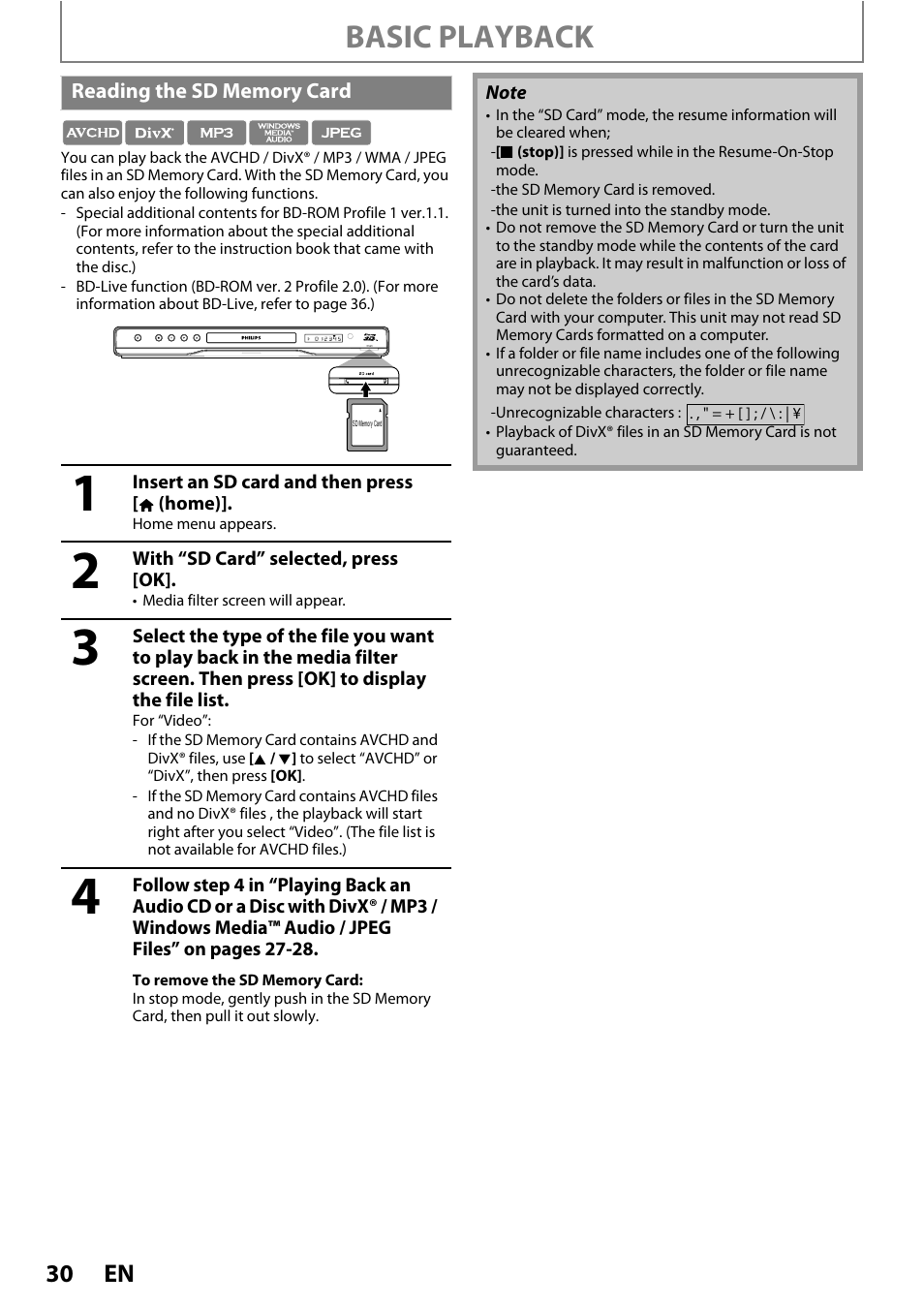 Reading the sd memory card, Basic playback | Philips BDP7520/F7 User Manual | Page 30 / 74