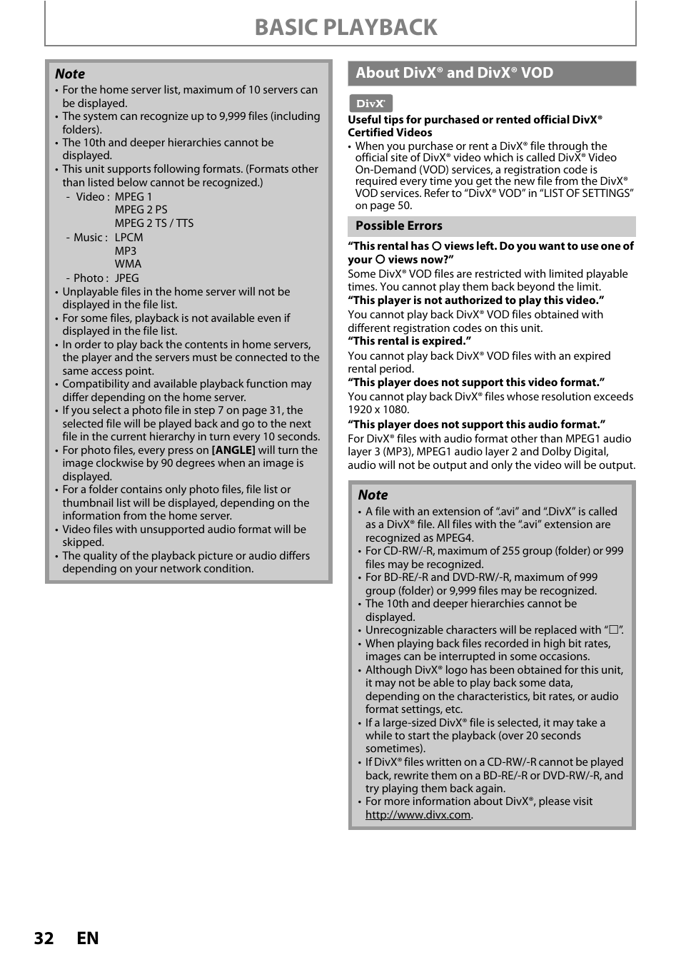 About divx® and divx® vod, Basic playback | Philips BDP7520/F7 User Manual | Page 32 / 74