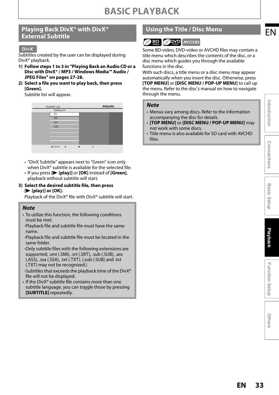 Basic playback, Playing back divx® with divx® external subtitle, Using the title / disc menu | Philips BDP7520/F7 User Manual | Page 33 / 74