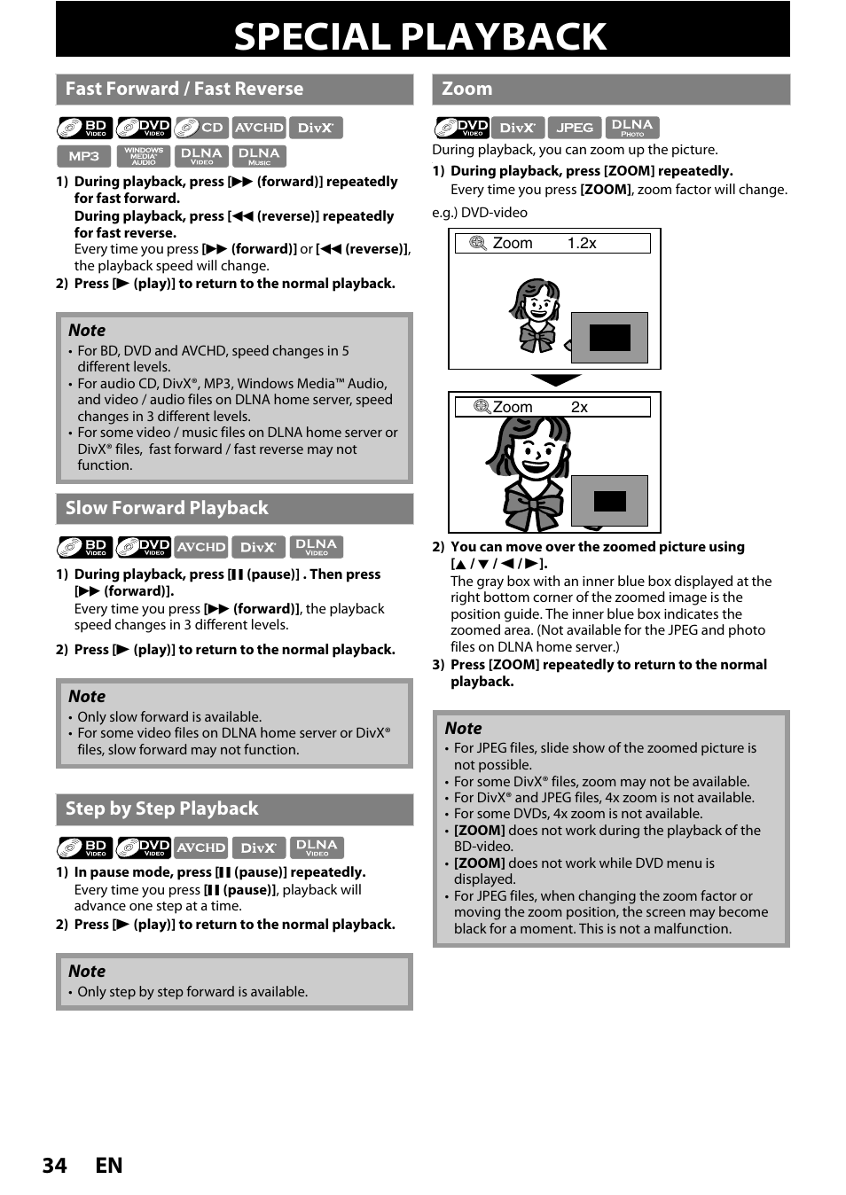 Special playback, En 34, Fast forward / fast reverse | Slow forward playback, Step by step playback, Zoom | Philips BDP7520/F7 User Manual | Page 34 / 74