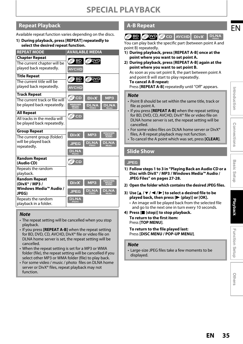 Repeat playback a-b repeat slide show, Special playback, Repeat playback | A-b repeat, Slide show | Philips BDP7520/F7 User Manual | Page 35 / 74