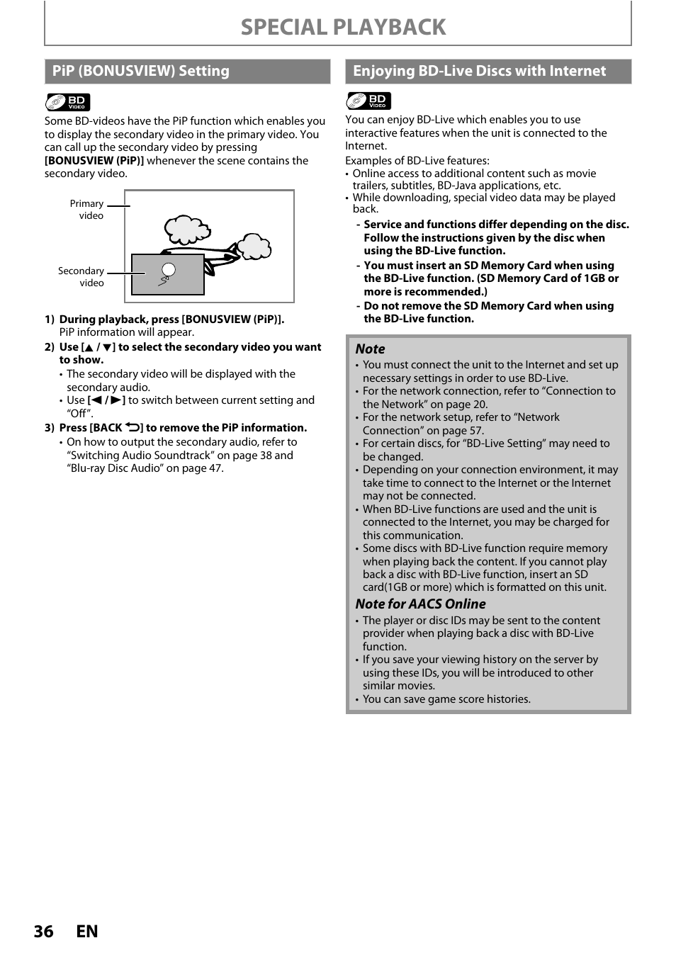 Special playback, Pip (bonusview) setting, Enjoyi ng bd-live disc s with internet | Philips BDP7520/F7 User Manual | Page 36 / 74