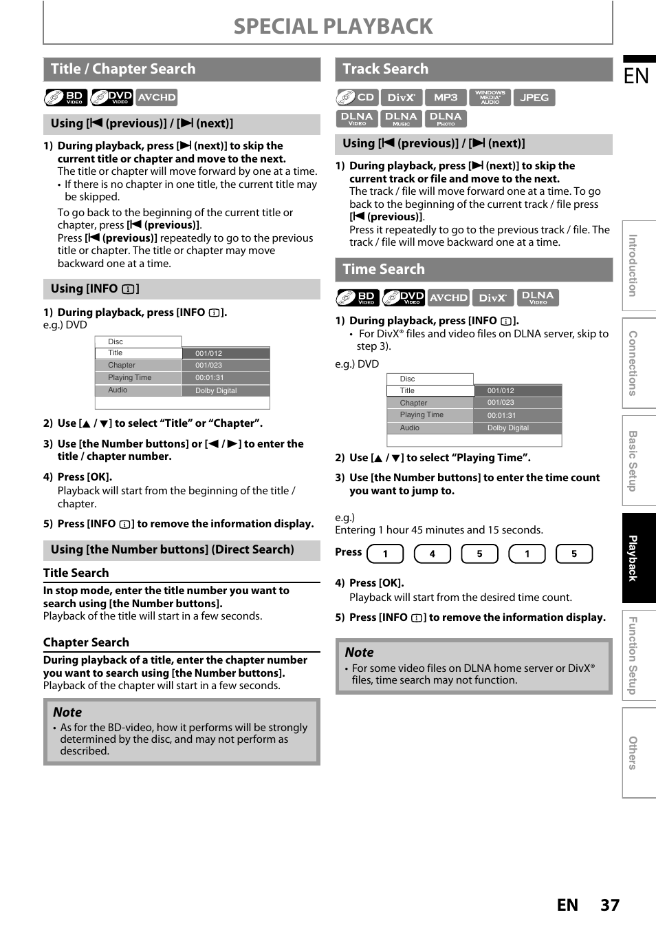 Title / chapter search track search time search, Special playback, Title / chapter search | Track search, Time search | Philips BDP7520/F7 User Manual | Page 37 / 74