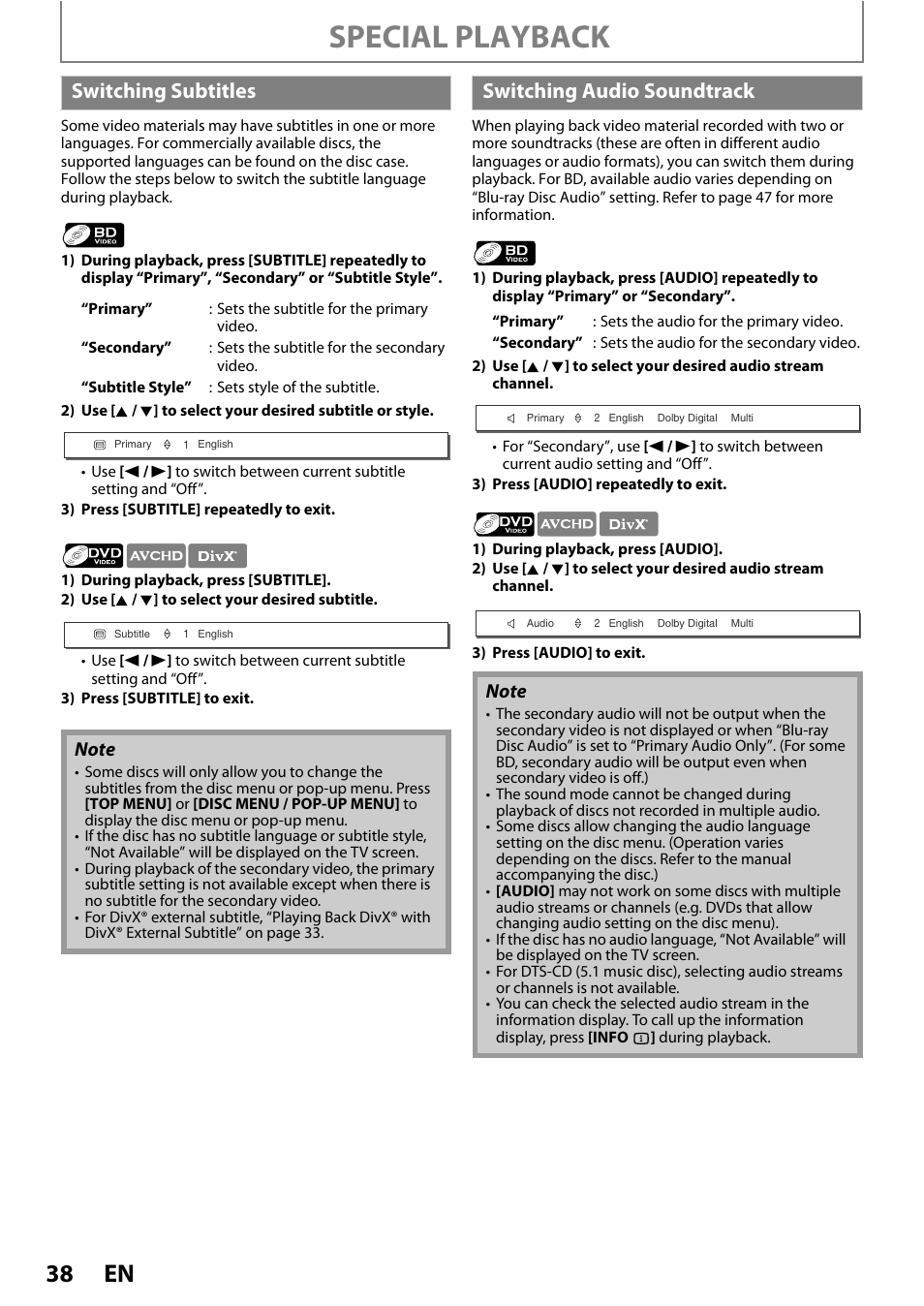 Switching subtitles switching audio soundtrack, Special playback, Switching subtitles | Switching audio soundtrack | Philips BDP7520/F7 User Manual | Page 38 / 74