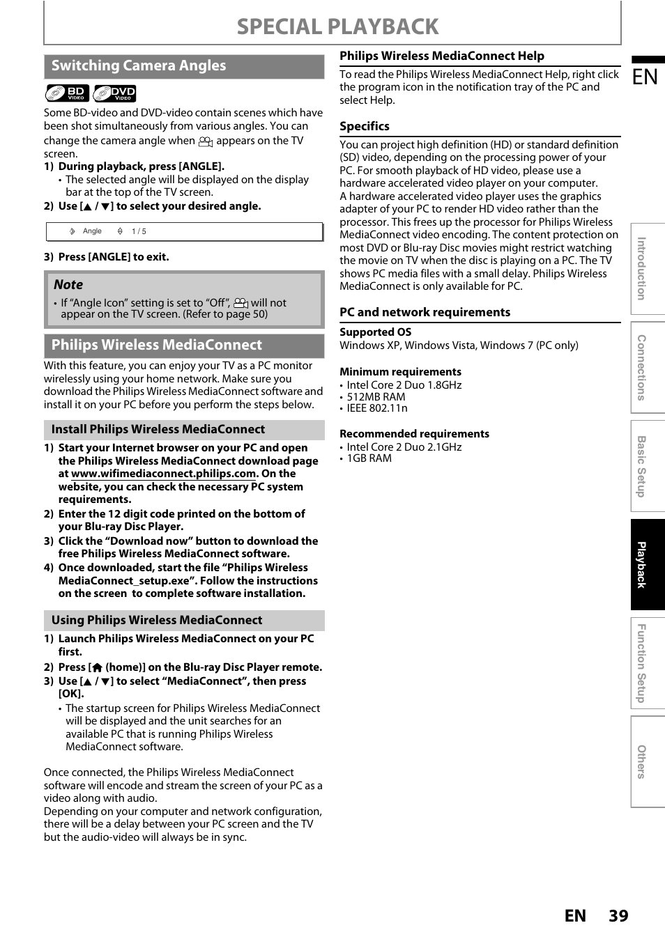 Special playback, Switching camera angles, Philips wireless mediaconnect | Philips BDP7520/F7 User Manual | Page 39 / 74