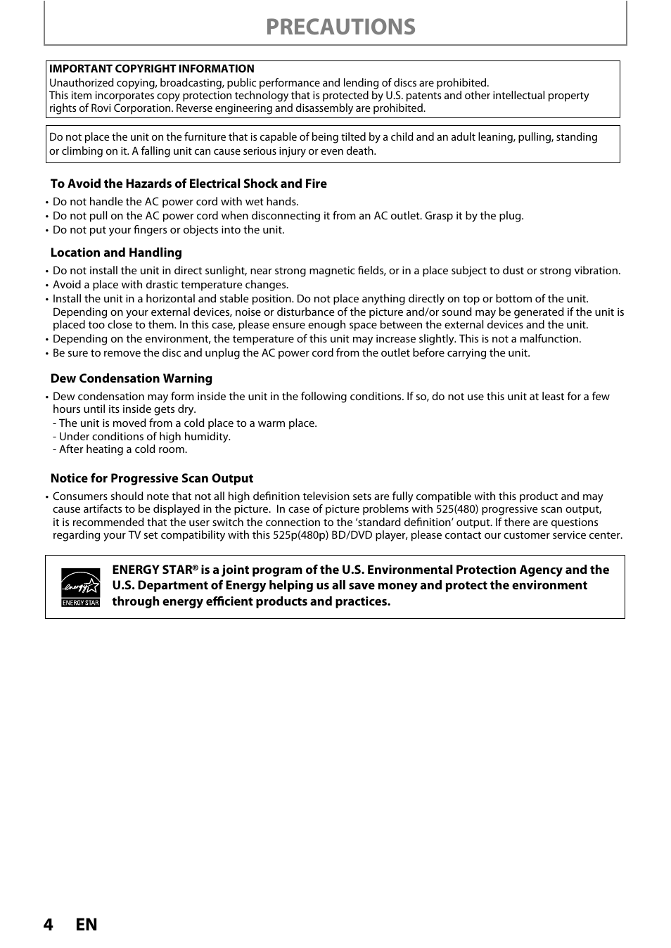 Precautions | Philips BDP7520/F7 User Manual | Page 4 / 74