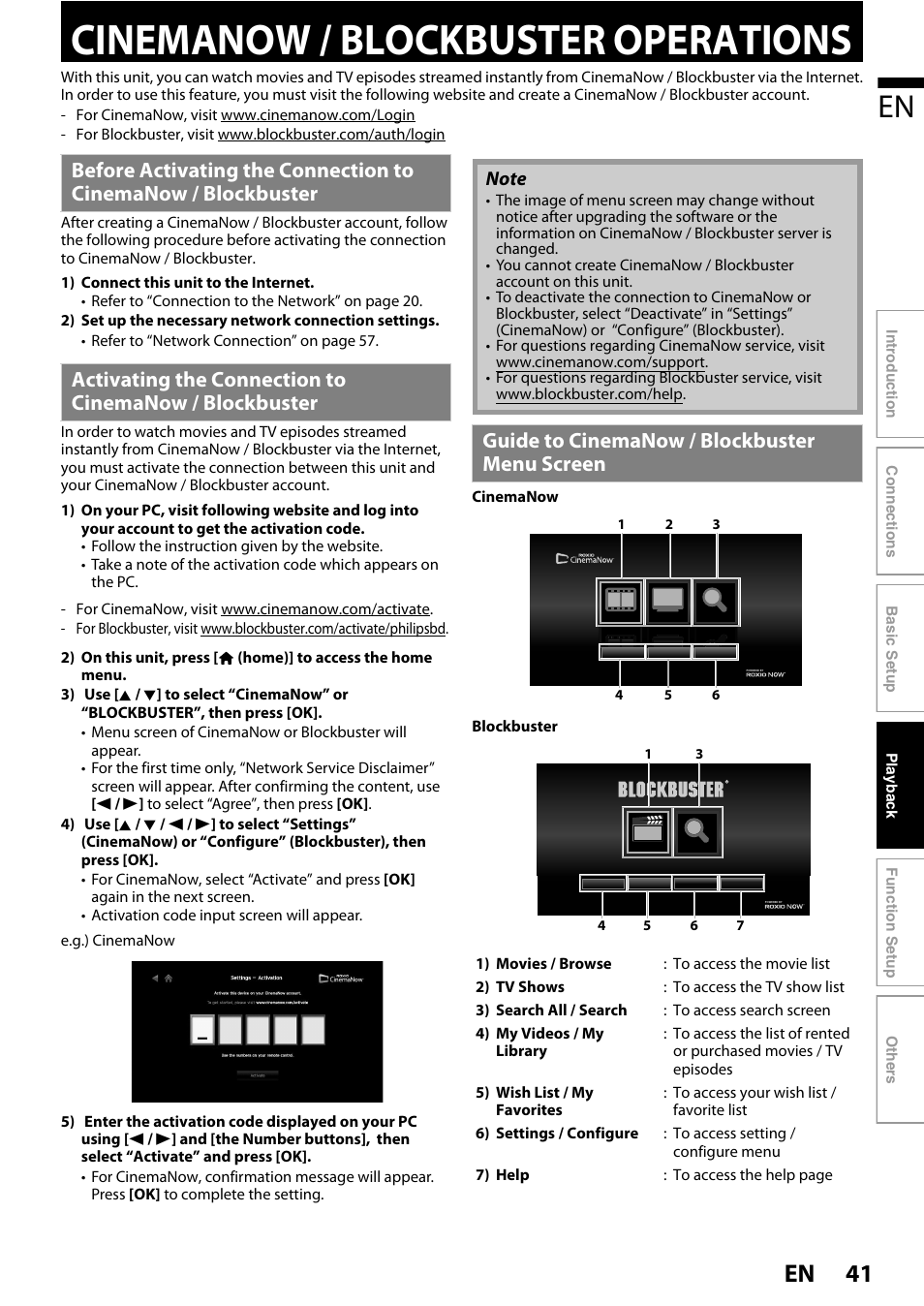 Cinemanow / blockbuster operations, Cinemanow / blockbuster operations” on, 41 en | Guide to cinemanow / blockbuster menu screen | Philips BDP7520/F7 User Manual | Page 41 / 74