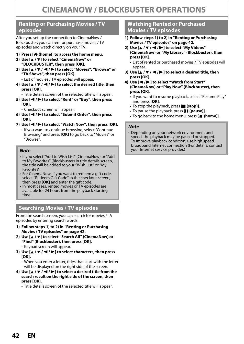 Cinemanow / blockbuster operations, Renting or purchasing movies / tv episodes | Philips BDP7520/F7 User Manual | Page 42 / 74