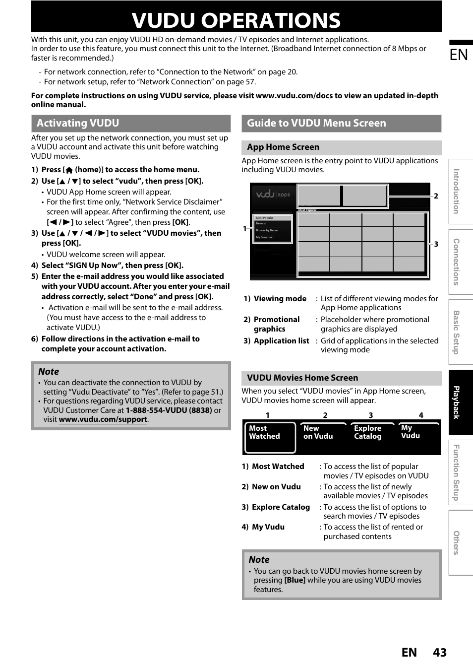 Vudu operations, Activating vudu guide to vudu menu screen, 43 en | Activating vudu, Guide to vudu menu screen | Philips BDP7520/F7 User Manual | Page 43 / 74