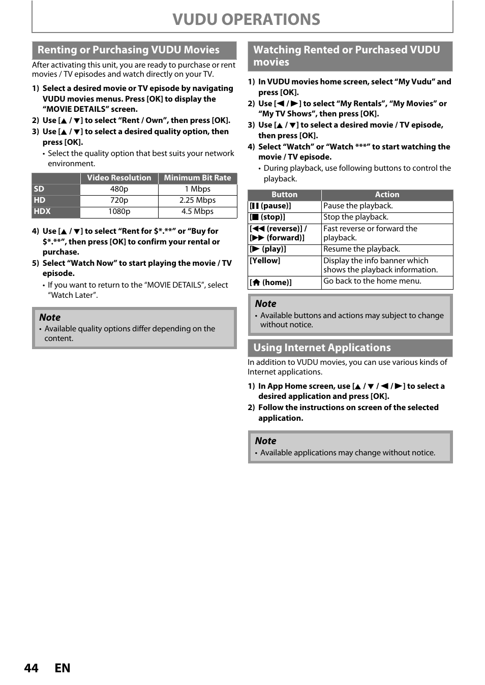 Vudu operations, Renting or purchasing vudu movies, Watching rented or purchased vudu movies | Using internet applications | Philips BDP7520/F7 User Manual | Page 44 / 74