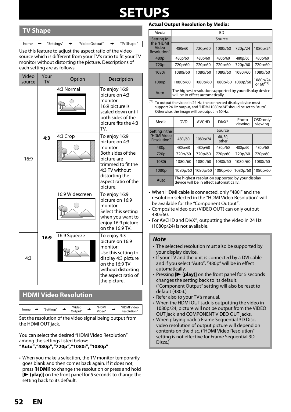 Setups, Tv shape hdmi video resolution, En 52 | Tv shape, Hdmi video resolution | Philips BDP7520/F7 User Manual | Page 52 / 74