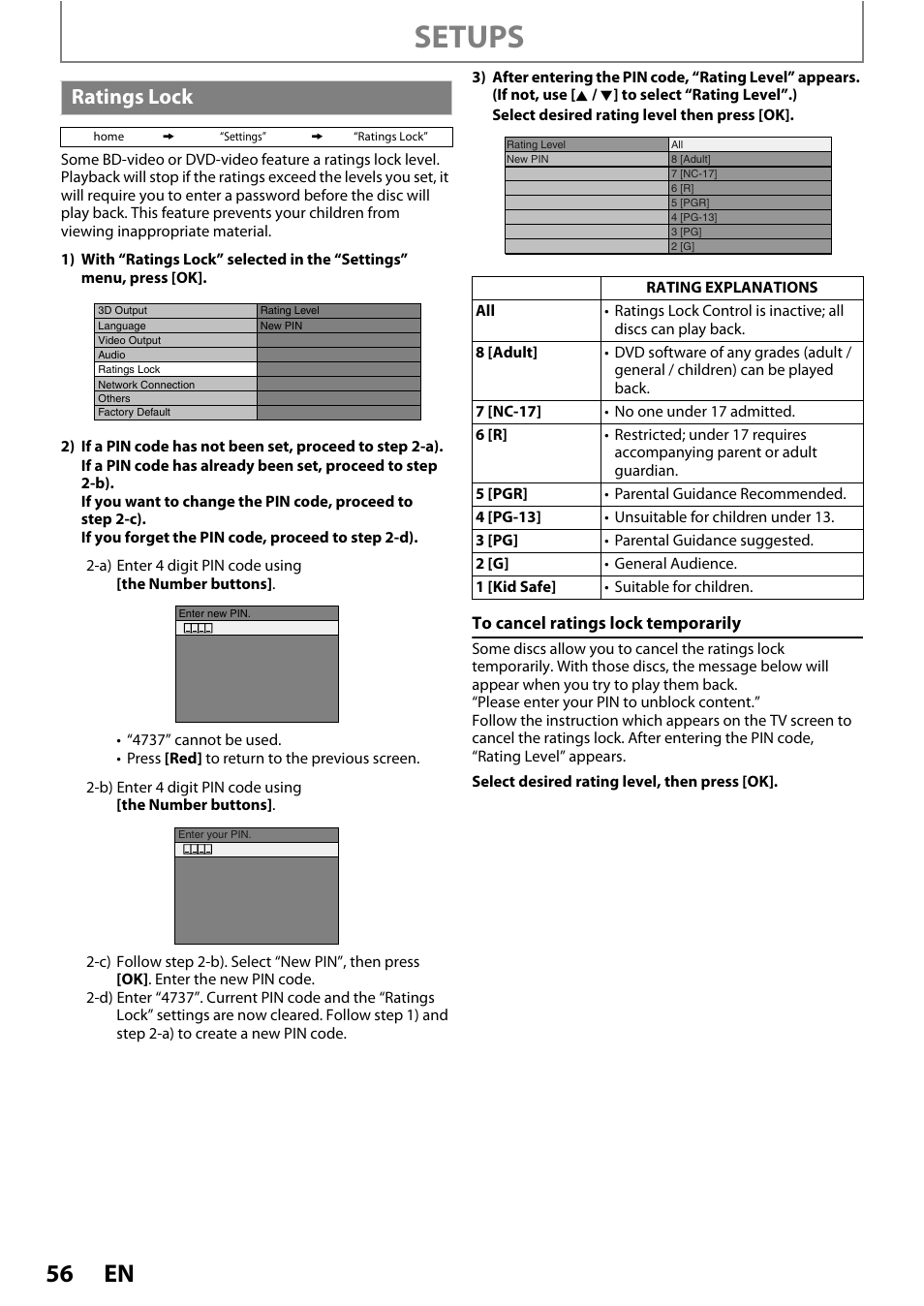 Ratings lock, Setups | Philips BDP7520/F7 User Manual | Page 56 / 74