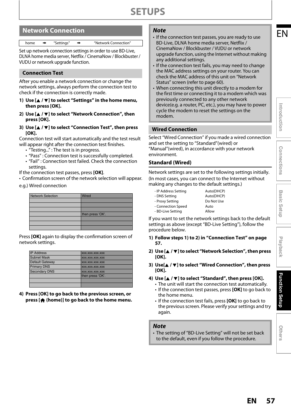 Network connection, R to “network, Setups | Philips BDP7520/F7 User Manual | Page 57 / 74