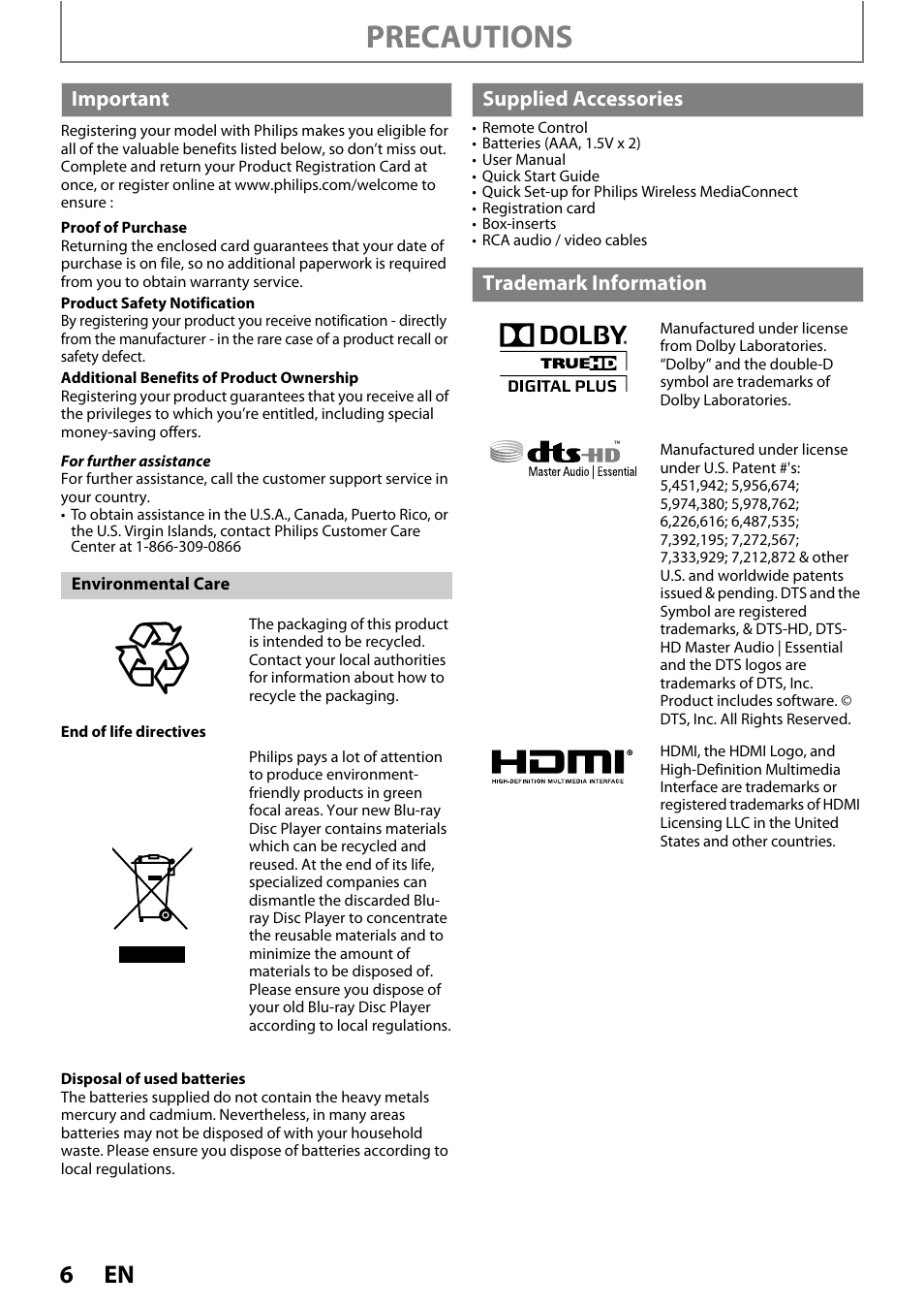 Precautions | Philips BDP7520/F7 User Manual | Page 6 / 74