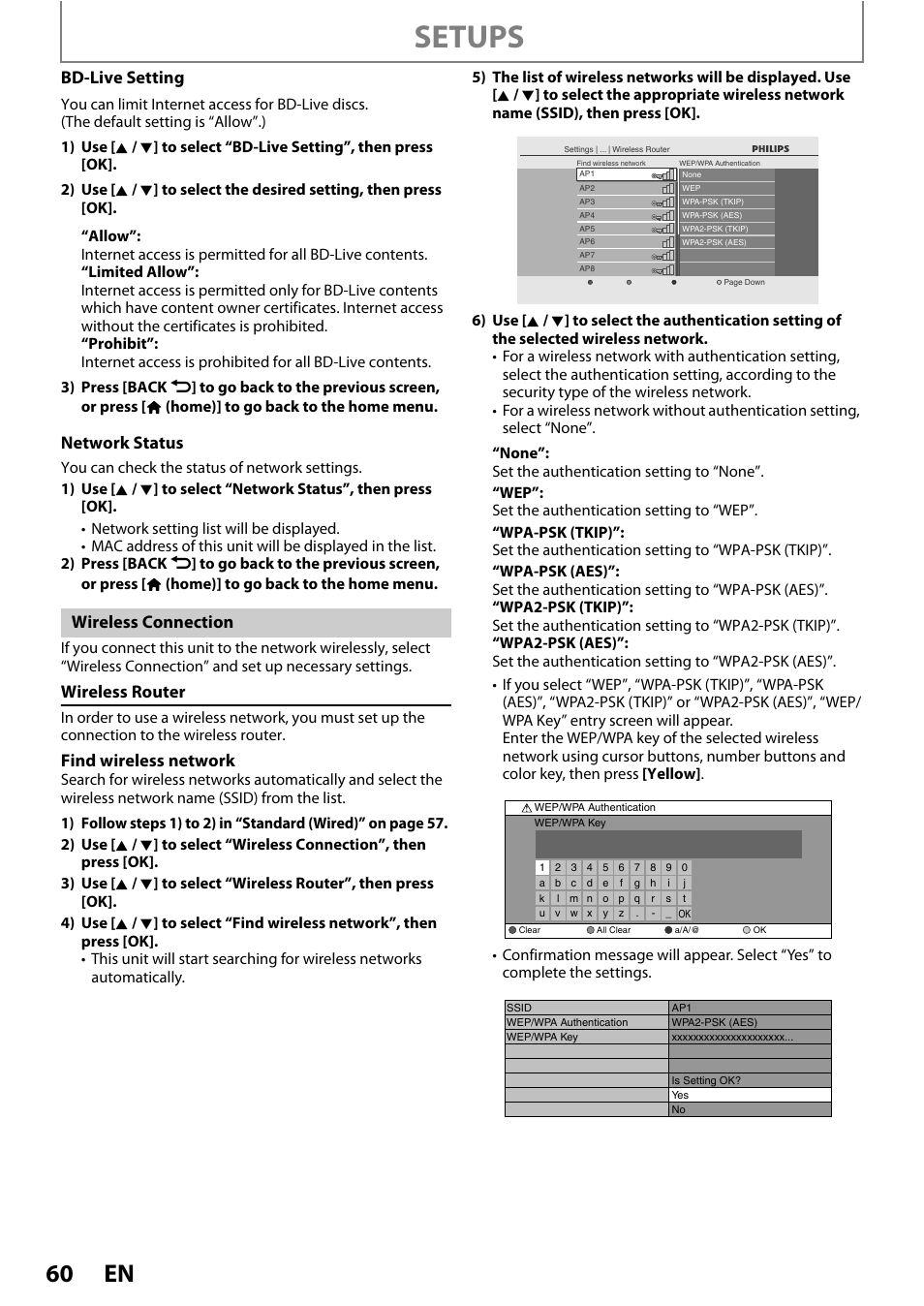 Setups, Bd-live setting, Network status | Wireless router, Find wireless network, Wireless connection | Philips BDP7520/F7 User Manual | Page 60 / 74