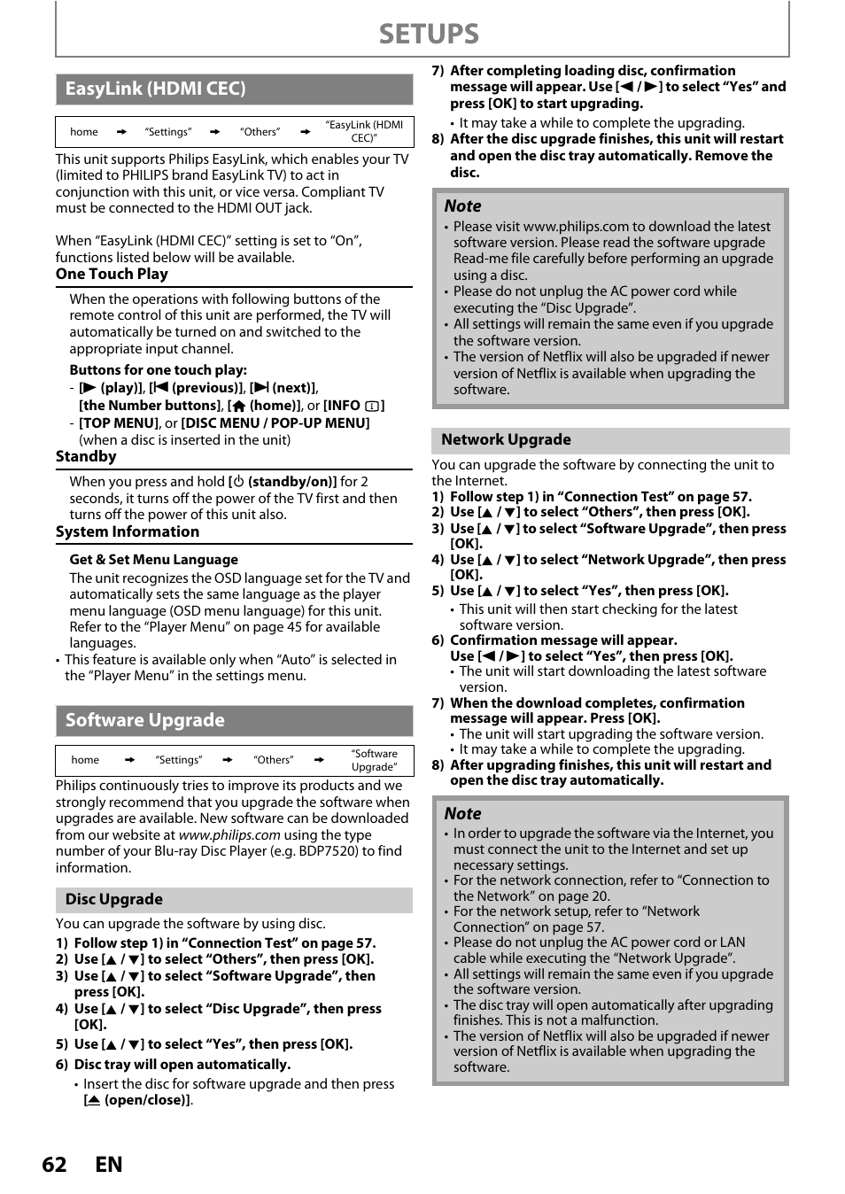 Easylink (hdmi cec) software upgrade, Setups, Easylink (hdmi cec) | Software upgrade | Philips BDP7520/F7 User Manual | Page 62 / 74