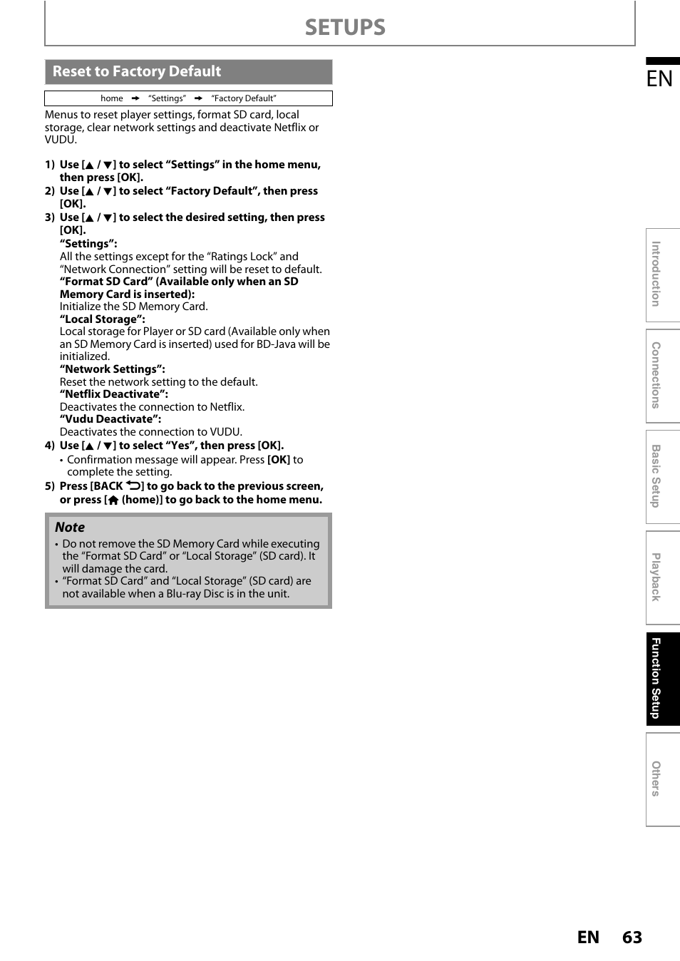 Reset to factory default, Setups | Philips BDP7520/F7 User Manual | Page 63 / 74