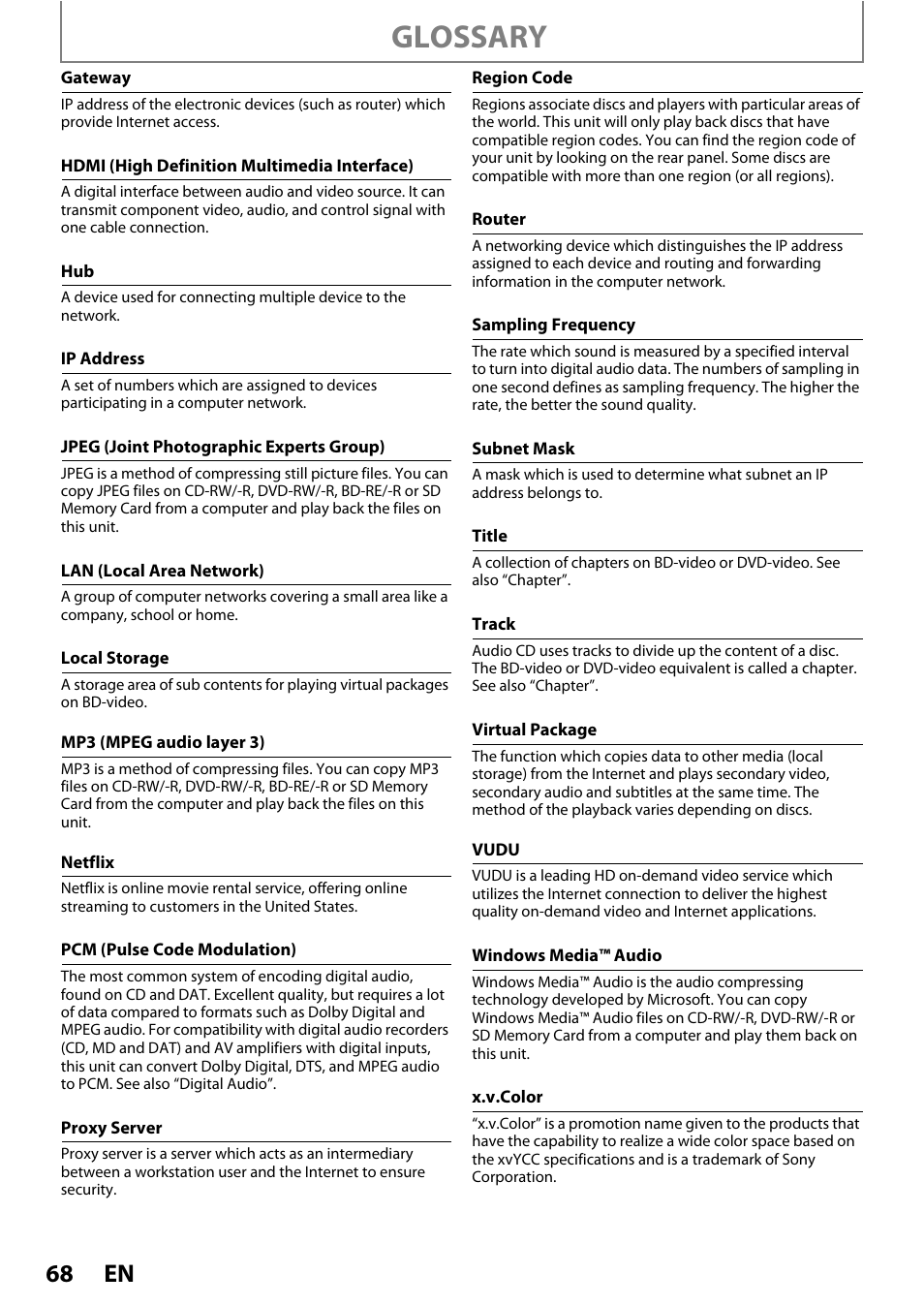 Lso “title, So “sampling frequency” and “an, Glossary | Philips BDP7520/F7 User Manual | Page 68 / 74