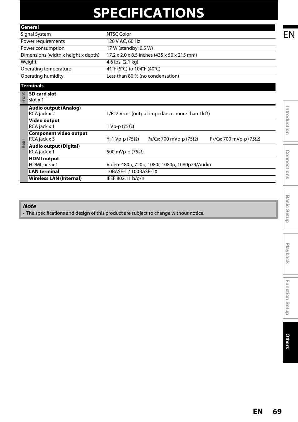 Specifications, 69 en | Philips BDP7520/F7 User Manual | Page 69 / 74