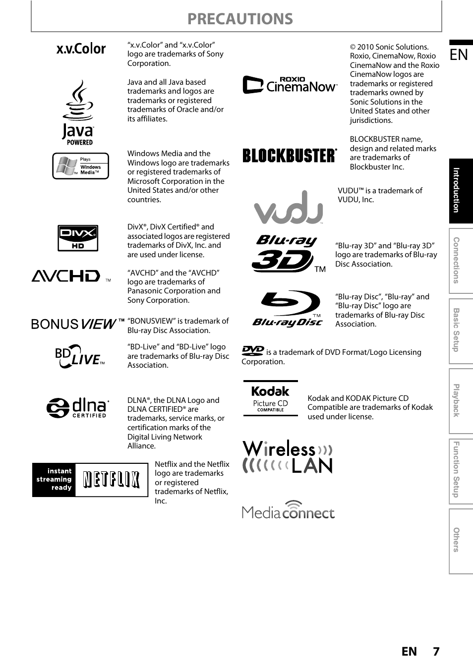 Precautions | Philips BDP7520/F7 User Manual | Page 7 / 74