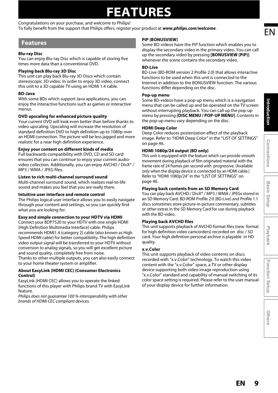 Features | Philips BDP7520/F7 User Manual | Page 9 / 74