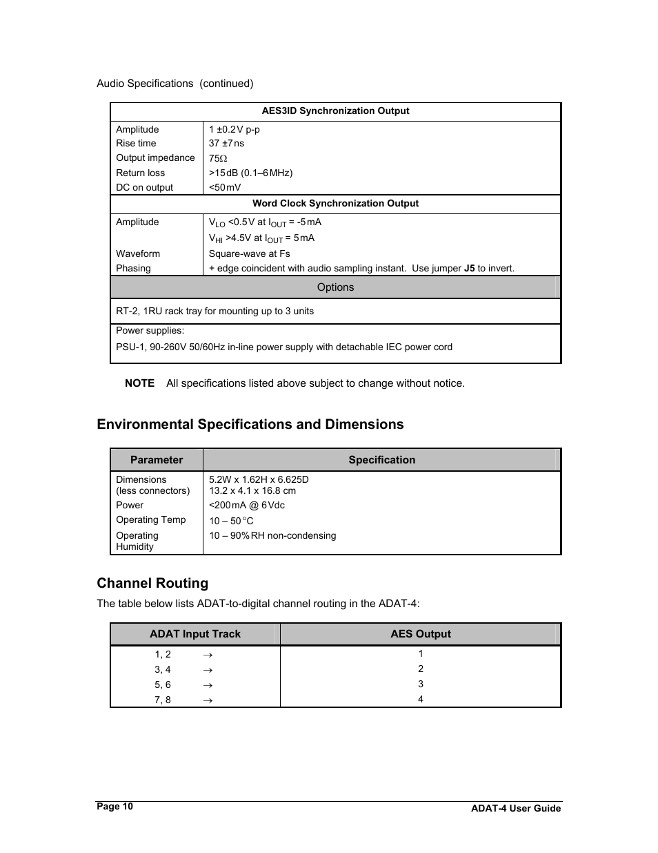 Environmental specifications and dimensions, Channel routing | Philips ADAT-4 User Manual | Page 16 / 18
