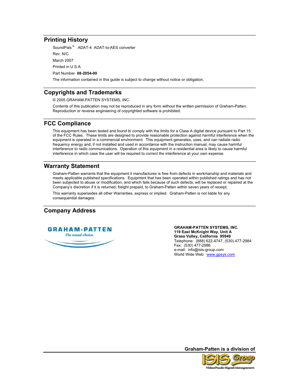 Printing history, Copyrights and trademarks, Fcc compliance | Warranty statement, Company address | Philips ADAT-4 User Manual | Page 3 / 18