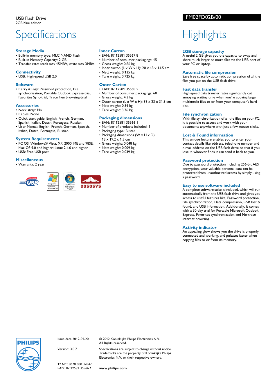 Specifications, Highlights | Philips FM02FD02B/00USB User Manual | Page 2 / 2