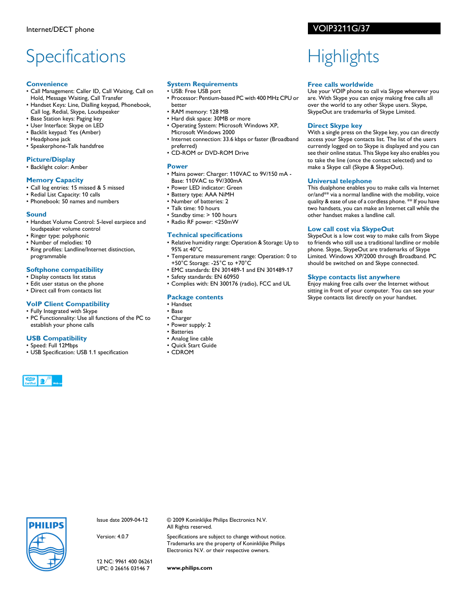 Specifications, Highlights | Philips VOIP3211G/37 User Manual | Page 2 / 2