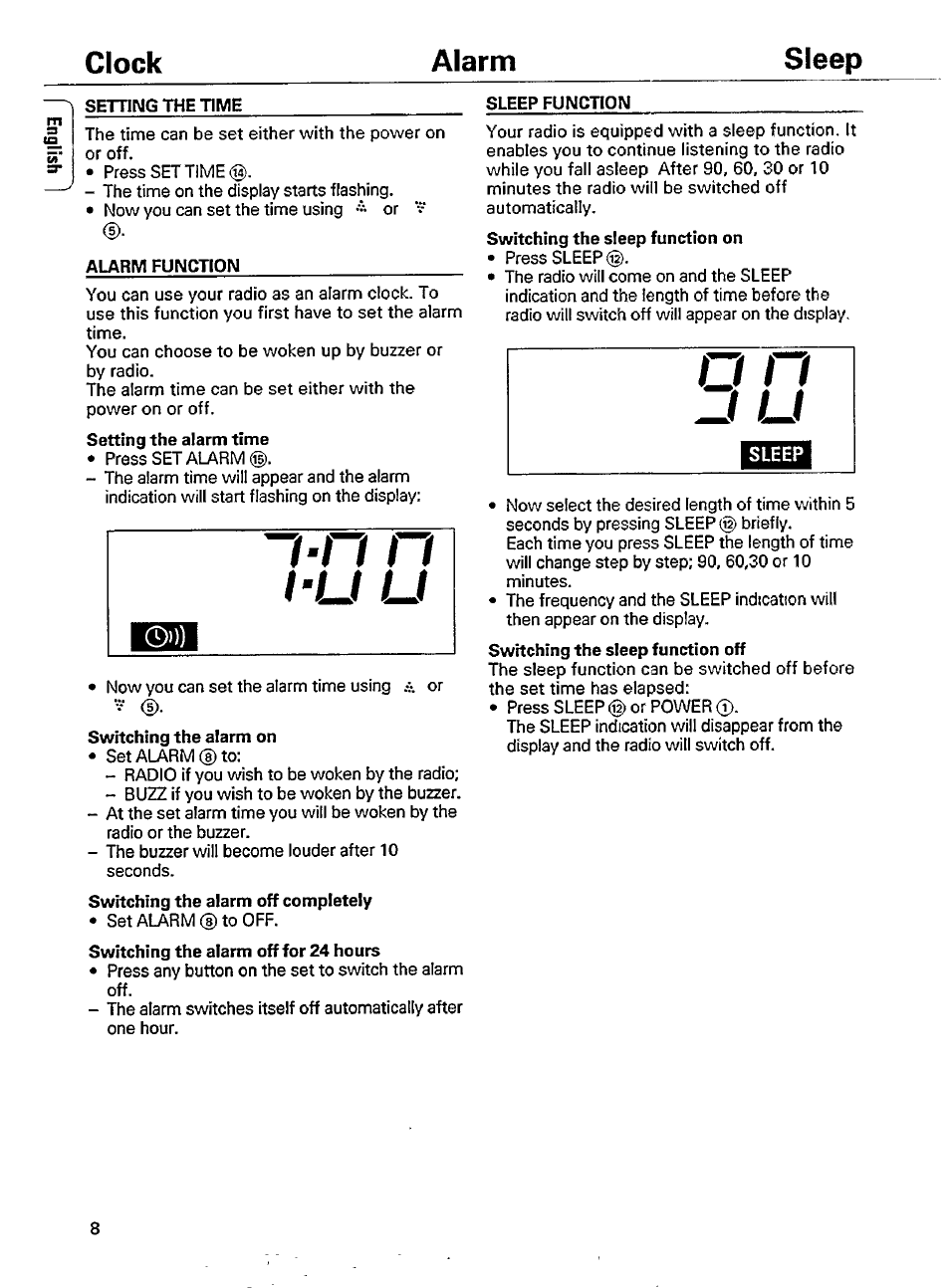 Setting the time, Sleep function, Alarm function | L-u u, Clock alarm sleep | Philips AE 2340/00 User Manual | Page 10 / 12