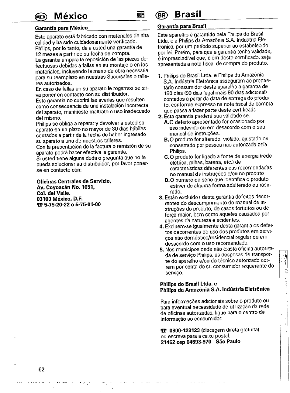 Garantía para méxico, Oficinas centrales de servicio, Garantía para brasil | Philips do brasil ltda. e, 0 ) méxico ш (в^ brasil | Philips AE 2340/00 User Manual | Page 12 / 12