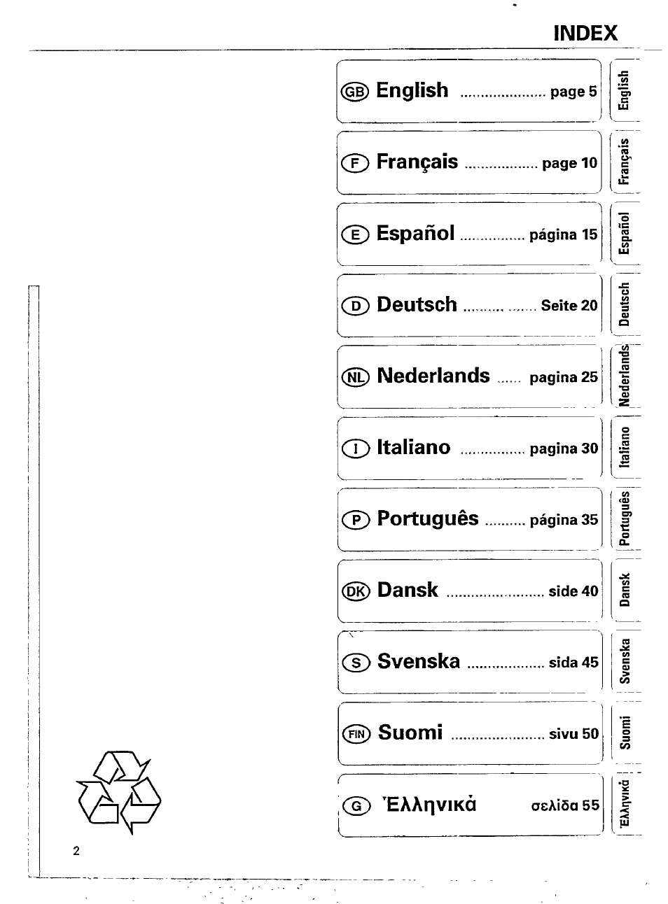 Index ce) français (t) español, Ce) deutsch, Nederlands | D) italiano, E) portugués, Dansk, Ce) svenska, Suomi, Cd eaanvikà | Philips AE 2340/00 User Manual | Page 2 / 12